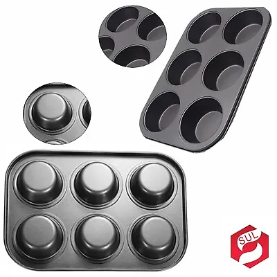 Set Of 2 Muffin Cupcake Bun 6 Cup Oven Trays Tins Non Stick Yorkshire Pudding UK • £9.99