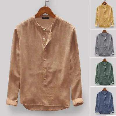 Mens Long Sleeve Collarless Solid Henley Tops Casual Formal Button Up Shirt Tops • $19.75