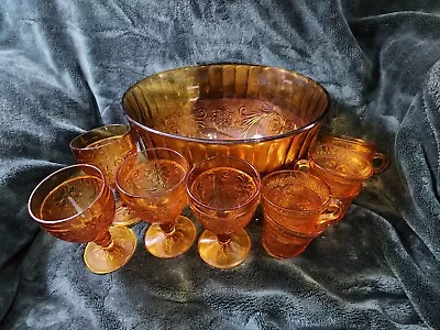 Vintage Indiana Glass Tiara Exclusive Amber Punch Bowl Set W/ 9 Cups • $50