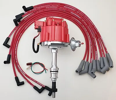 FORD 351W WINDSOR COIL-IN-CAP HEI DISTRIBUTOR + RED 8.5mm SPARK PLUG WIRES USA  • $149.95