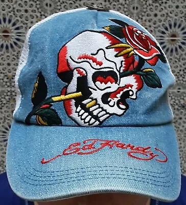 ED HARDY - VINTAGE 'SKULL & ROSE' BLUE DENIM BASEBALL CAP Size OSFA • £20