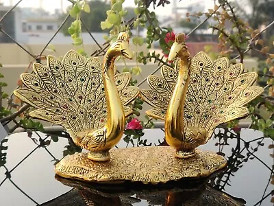 VINTAGE PAIR IRIDESCENT Metal STATUES FIGURES PEACOCKS GOLD TRIMMING • $33.99