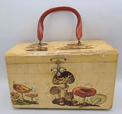 Vintage 1960s Signed ~Cyally Wog~ Bakelite Handle Wooden Box Purse W/ Mushrooms • $45