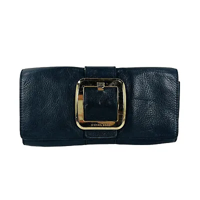 Michael Kors Black Leather Fold Over Clutch With Gold Tone Hardware • $26.39