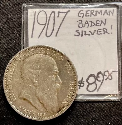 1907 German Empire Baden 5  Mark (death Of Frederick) Silver World Coin. • $89.95