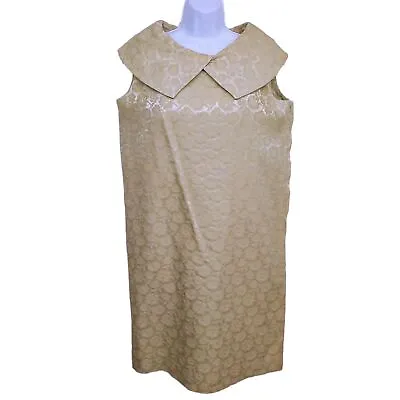 Vintage 50s-60s Floral Brocade Shift Dress Ladies-M/L Pilgrim Collar Champagne • $38.88