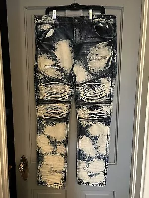 Smoke Rise Moto Jeans Mens 40 X 34  Bleached Straight Denim Zipper Acid Wash • $14.99