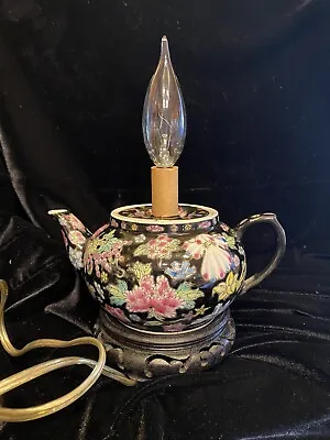Vintage Chinese Famillie Noire Black Floral Porcelain Teapot Lamp Hand Painted • $65