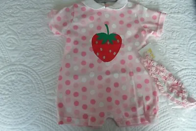 Baby Girls Pink Romper Suit Pink & White Dots Strawberry Motif & Headband 0-3mth • £5.99