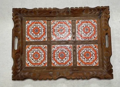 VTG Mexican 6 Tile Tray Ceramic Trivet Folk Art Wood Hand Carved Serving Tray • $39.99