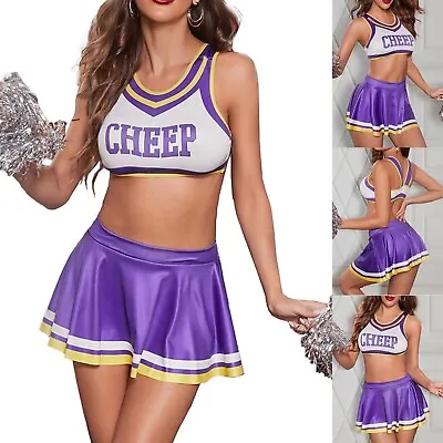 Womens Costume Crop Top With Skirt Cheerleading Carnival Cheer Adult Set Sexy • £9.59