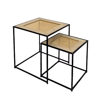 Set Of 2 Coffee Table Cane Details Top Nest Of 2 Tables With Black Metal Frame • £34.99