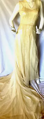 VTG 30s Ivory Wedding Gown W/2 Layers Satin Silk & Silk Netting/ Cap Veil Train • $385