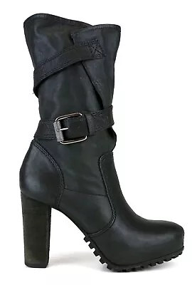 Vera Wang Lavender Pull-On Mid Calf Buckle Leather Boot Black Heel Grudge 6.5M • $48