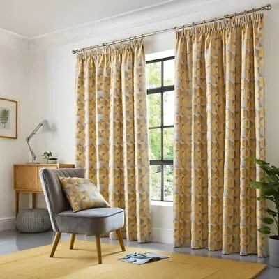 Ochre Skandi Geometric Jacquard Lined Tape Top Pencil Pleat Curtains Pair • £7.99