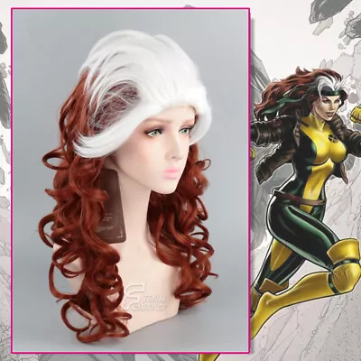 X Men Rogue Anna Marie Long Curly Wavy Wig White Mix Brown Cosplay Hair+Wigs Cap • £22.79