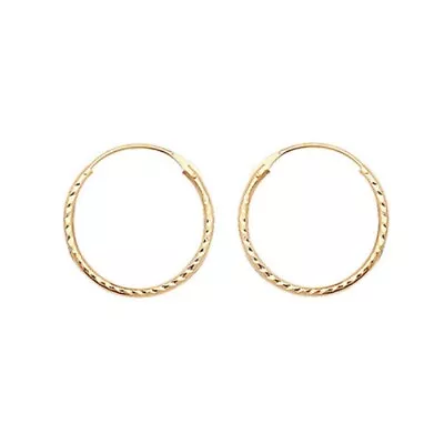 9CT GOLD 12mm DIAMOND CUT HINGED SLEEPER HOOP EARRINGS - PAIR - SOLID  Xmas GIFT • £16.50