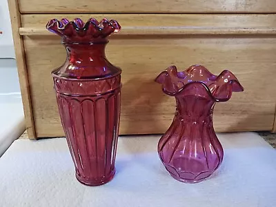 2 Vintage Fenton Art Glass Cranberry Ribbed Ruffled Vases 7.5  & 5.5  Marked • $32.50