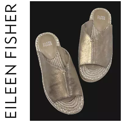 Eileen Fisher Milly Gold Metallic Leather Espadrille Flat Slide Sandals Sz 6.5  • £39.47