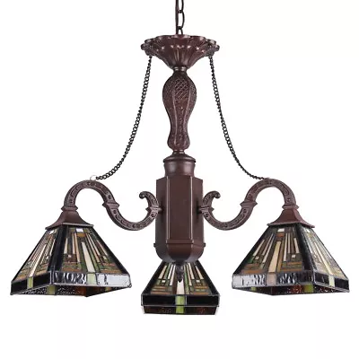 Tiffany Style Stained Glass Mission 3 Light Mini Chandelier 23  Wide Mid Century • $251.11