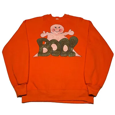 Vintage 90s Halloween Sweatshirt Men’s Large Ghost Art Orange Pullover USA Made • $19.99