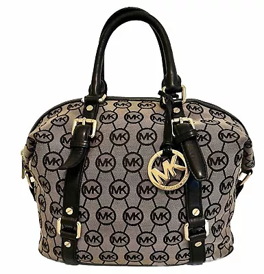 Michael Kors Jet Set Bedford Beige & Black Logo Satchel Handbag Purse • $51