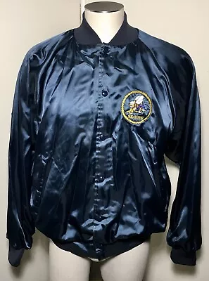 Mens Seabees Patch Size L Vtg Satin Navy Blue Bomber Jacket Made In USA • $30