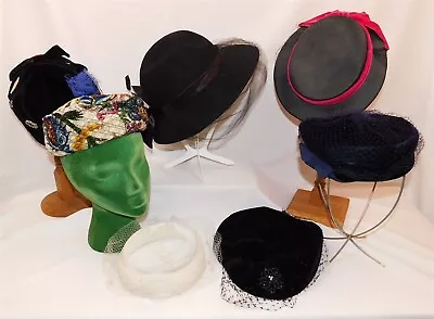 Vtg Womens Hat LOT Millinery 7 Pc Wool Velvet Black Blue White  • $74.95