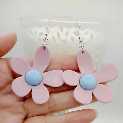 Flower Earrings 60s 70s Big Pink Blue Boho Barbiecore Popart Retro Vintage Style • £3.95