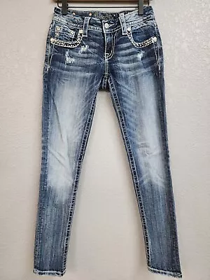 Miss Me Womens 26 Signature Skinny Jeans Faded Thick Stiches Flap Back Pockets • $20.50