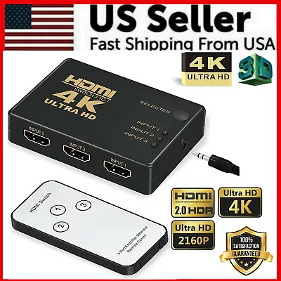 4K HDMI 2.0 Cable Splitter Switcher Box Hub IR Remote Control 3X1 Power 3 To 1 • $9.89