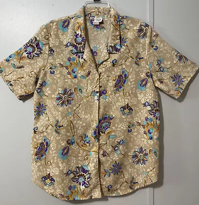  Vintage Maggie Sweet Women's Tan Floral Button Up Top Size L Made In USA • $12.57