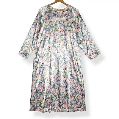 Christian Dior XL Vintage 80s-90s Nightgown Peignoir Long Satin Floral Blue Pink • $68