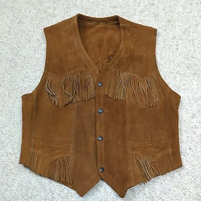 Vintage Pioneer Wear Vest Size 40 Brown Suede Fringe Snap Boho Retro Western 70s • $44.88