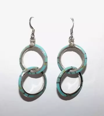 Zuni Native American Sterling Silver Turquoise Inlay Circle Hoop Earrings VTG • $49.99