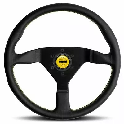 MOMO MONTECARLO Black Leather Yellow Stitching Steering Wheel 350mm • $192