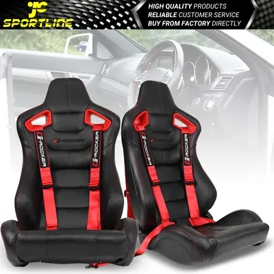 Universal Recline Racing Seat Red Bezel Dual Slider PU &Carbon & Buckle Belt X2 • $392.99