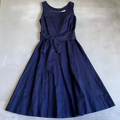 Boden Dress Womens 2 Navy Linen Cotton Blend Sash Belted Fit And Flare Cute • $28.77