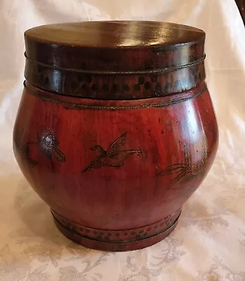 $75 • Buy Antique / Vintage Chinese WOOD RICE BARREL Tea Box Asian Hand Painted 