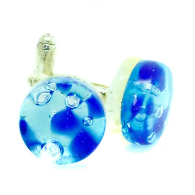 Murano Glass Cufflinks Circular Blue And Silver Venice Wedding • £14.95