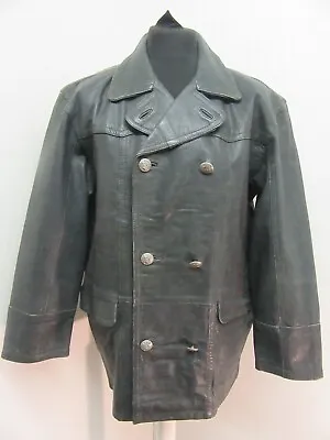 Vintage 80's Leather Pea Coat Jacket Size M Military Style With Patina • $87.16