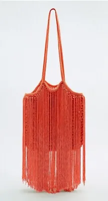 Zara Maxi Woven Pink Coral Fringe Tassel Bag Bnwt • £29.99