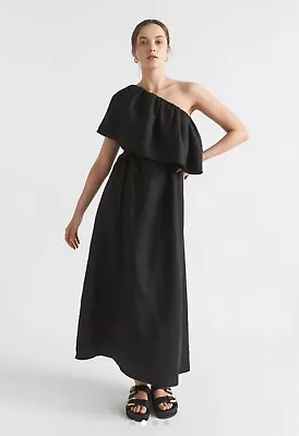 Seed Linen One Shoulder Maxi Dress Size 14 L Black Ruffle Long • $59