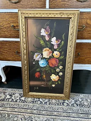 $33 • Buy Vintage Still Life Flower Bouquet In Vase Oil On Canvas Painting Signed Ella