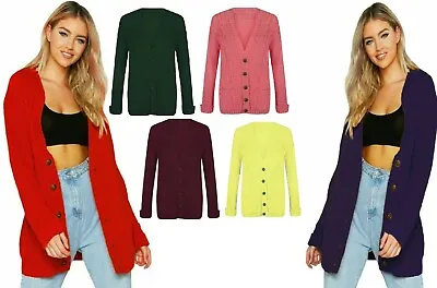 £11.99 • Buy Womens Chunky Cable Knit Cardigan Button Ladies Long Sleeves Grandad Plus Sizes
