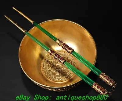 5.3'' Old China Dynasty Bronze Gold Inlay Green Jade Tongzi Bowl Chopsticks Pair • $1026.16