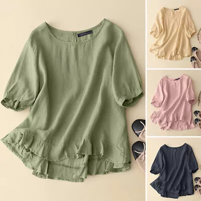 ZANZEA Womens Half Sleeve Ruffles Blouse Casual Loose Solid Tops Cotton Shirt • $24.01