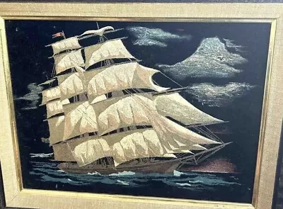 Black Velvet Ship Painting Sailing Clipper Boat Vintage Sailboat 16x12 No Frame • $49