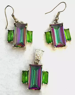 Emerald Cut Mystic Topaz Crystal Pendant Earrings Pierced Set SilverTone Vintage • $24.99