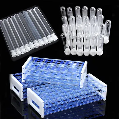 25/50pcs Plastic Test Tubes Vials With Caps & Pipe Rack Holder Stand 40/50 Holes • $7.89